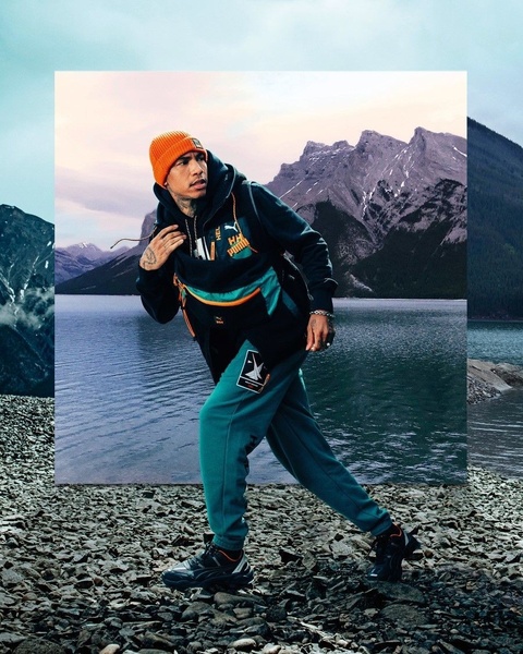 tracksuit, jogger set, athletic outfit, hoodie and joggers, sports outfit set, fleece tracksuit, product launch, brand awareness, outdoor, editorial, energetic, bold, blue, orange, neutral